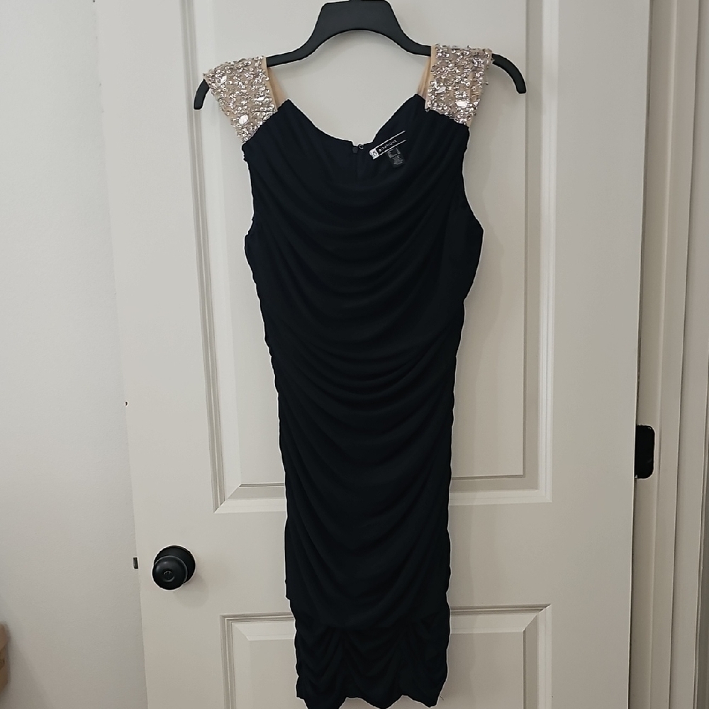 JS Boutique NAVY Ruched Midi Dress with Silver Stone and Beaded Nude Sleeves